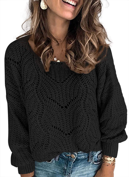 Women’s Casual Crewneck Jumper – Long Sleeve, Soft, Cute & Elegant Hollow Cable Knit Pullover Sweater