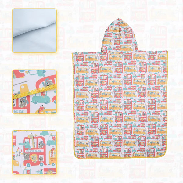 Hooded Kids Swim Towel Poncho – Microfiber beach changing towel for boys and girls. Fast-dry bathrobe with animal car design.