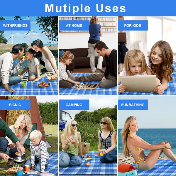 Foldable Waterproof Picnic Blanket - Blue White Checks (150 x 200 cm)