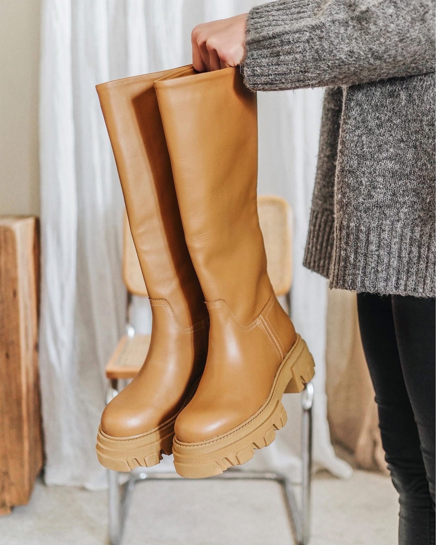 knee high camel-colored women's boots