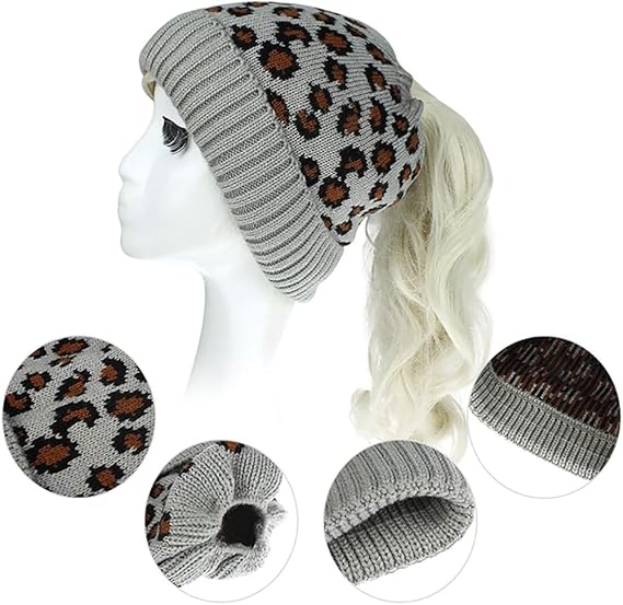 Bohend Winter Warm Knit Beanie Hat Ponytail Leopard Hats Stretchy Soft Earmuffs Cap Outdoor Teen Warmer Headwear for Women and Girls Grey