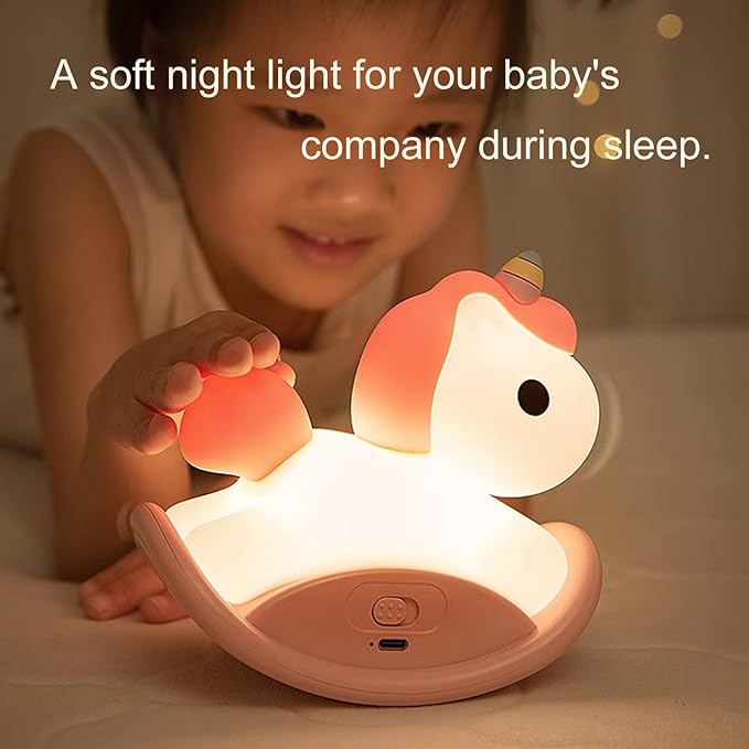 Rocking Horse Night Lights, Rechargeable Unicorn Night Light Silicone Lamp with Three-Speed Control Nursery Night Lights and Timer Function, Silicone Touch Sleep Tap Lamp