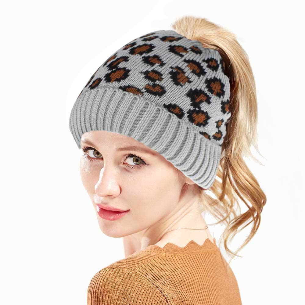 Bohend Winter Warm Knit Beanie Hat Ponytail Leopard Hats Stretchy Soft Earmuffs Cap Outdoor Teen Warmer Headwear for Women and Girls Grey