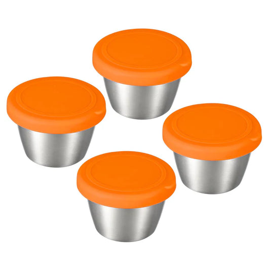 4pcs Small Condiment Containers – 2.4oz stainless steel sauce containers with lids, perfect for salad dressings and lunch bento boxes. Purple.