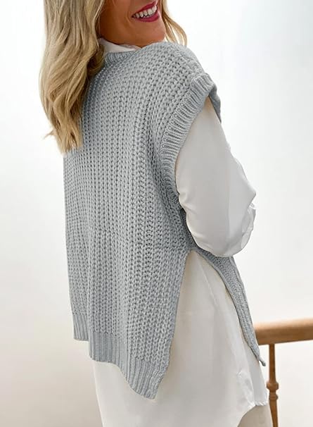 Women's Sleeveless V-Neck Chunky Knit Sweater Vest, Oversized Pullover with Side Split