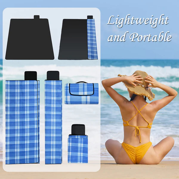 Foldable Waterproof Picnic Blanket - Blue White Checks (150 x 200 cm)