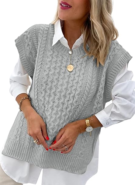 Women's Sleeveless V-Neck Chunky Knit Sweater Vest, Oversized Pullover with Side Split