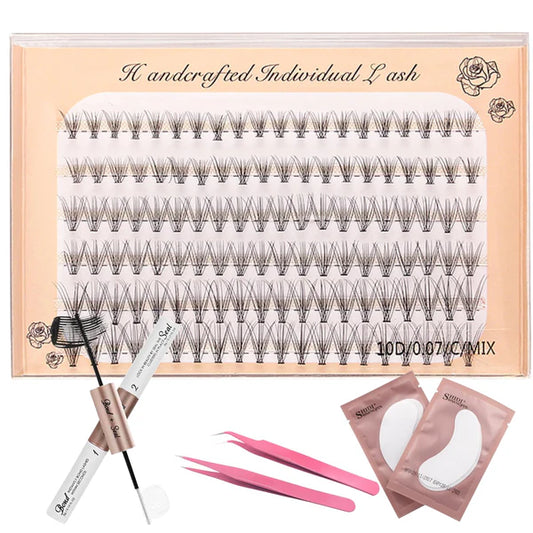 Individual and Cluster Lashes: 120pcs lash clusters with an eyelash extension kit, including eye pads, tweezers, lash bond, and seal. Features natural, soft 10D lashes in 12mm.