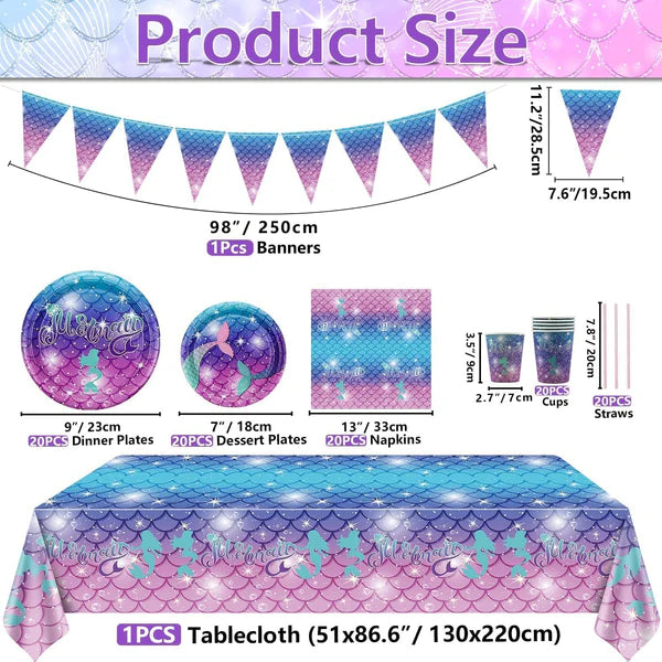 174PCS Mermaid Birthday Party Supplies: Banner, Balloons, Tableware, Tablecloth, Cake Topper, Swirl Hangings, Mermaid Tattoo Stickers.