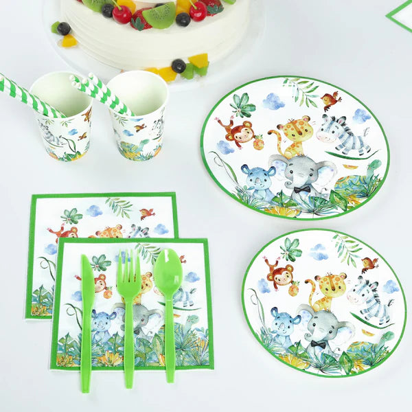 Animals Party Tableware Set – 160 pcs including plates, cups, napkins, cutlery, and straws for 20 guests. Perfect for birthday parties and baby showers!