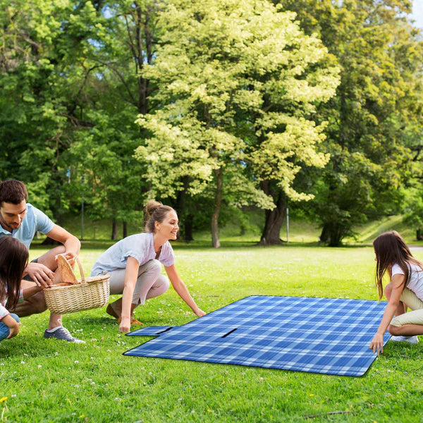 Foldable Waterproof Picnic Blanket - Blue White Checks (150 x 200 cm)