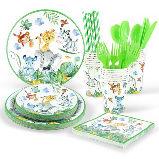 Animals Party Tableware Set – 160 pcs including plates, cups, napkins, cutlery, and straws for 20 guests. Perfect for birthday parties and baby showers!