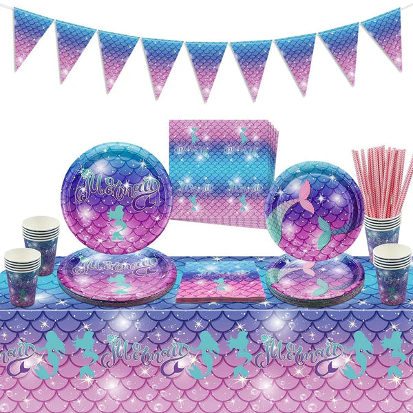 174PCS Mermaid Birthday Party Supplies: Banner, Balloons, Tableware, Tablecloth, Cake Topper, Swirl Hangings, Mermaid Tattoo Stickers.