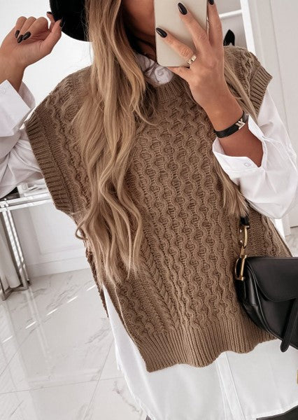 Women's Sleeveless V-Neck Chunky Knit Sweater Vest, Oversized Pullover with Side Split